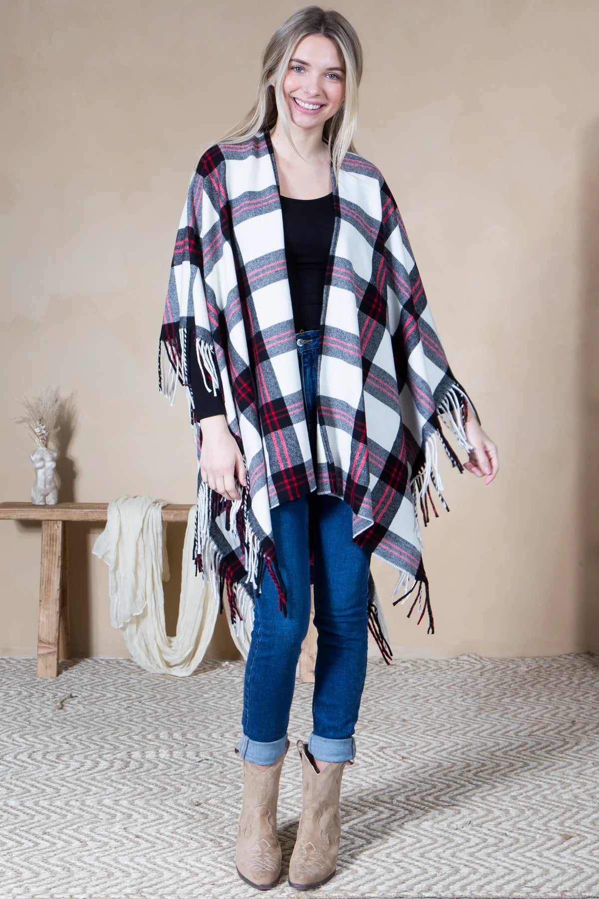 Mini Momo Blanket Shawl Wrap Mommy and Me Matching Cape - Ruana Open Poncho Buffalo Plaid Warm Cardigan - Lifestyle - Front