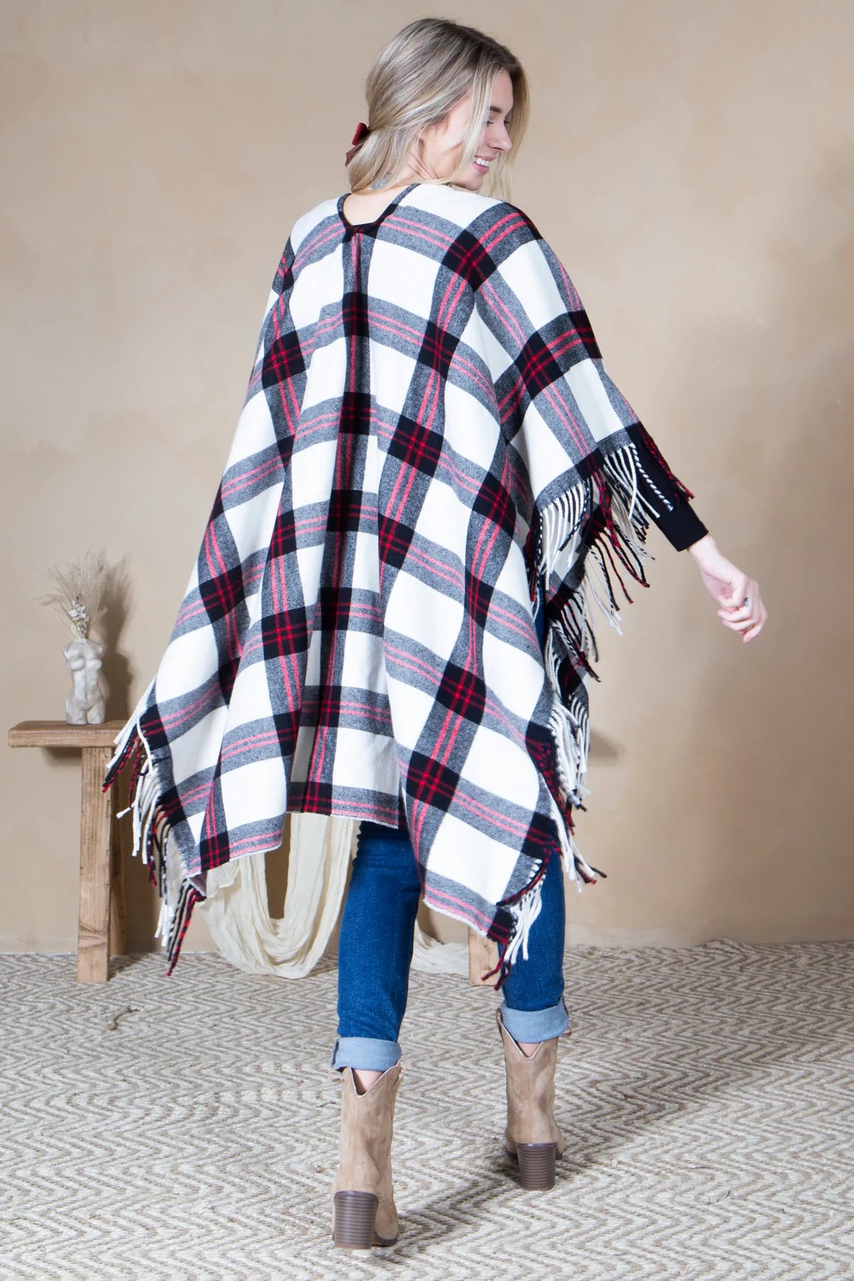 Mini Momo Blanket Shawl Wrap Mommy and Me Matching Cape - Ruana Open Poncho Buffalo Plaid Warm Cardigan - Lifestyle - Back