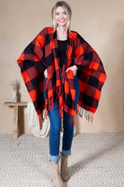 Mini Momo Blanket Shawl Wrap Mommy and Me Matching Cape - Ruana Open Poncho Buffalo Plaid Warm Cardigan - Lifestyle - Front