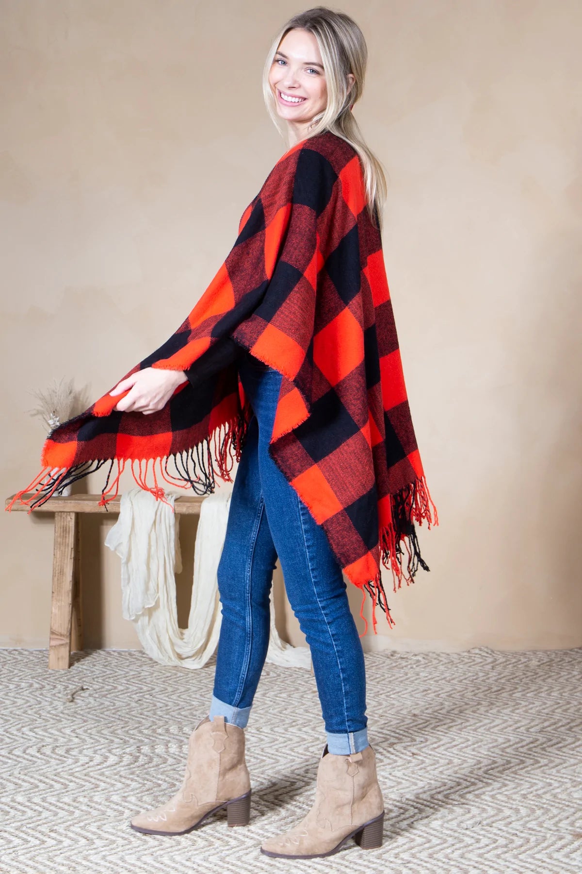 Mini Momo Blanket Shawl Wrap Mommy and Me Matching Cape - Poncho Buffalo Plaid Warm Cardigan - Lifestyle - Side