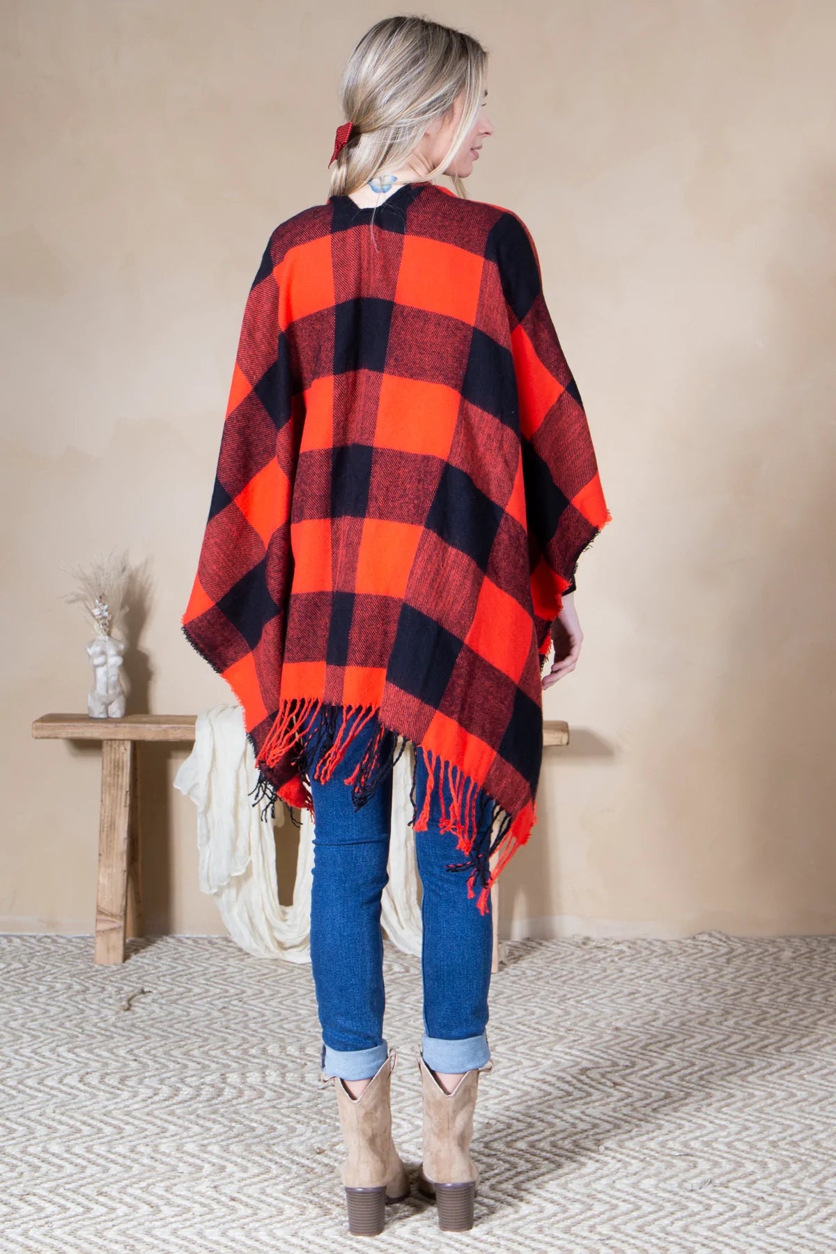 Mini Momo Blanket Shawl Wrap Mommy and Me Matching Cape - Poncho Buffalo Plaid Warm Cardigan - Lifestyle - Back