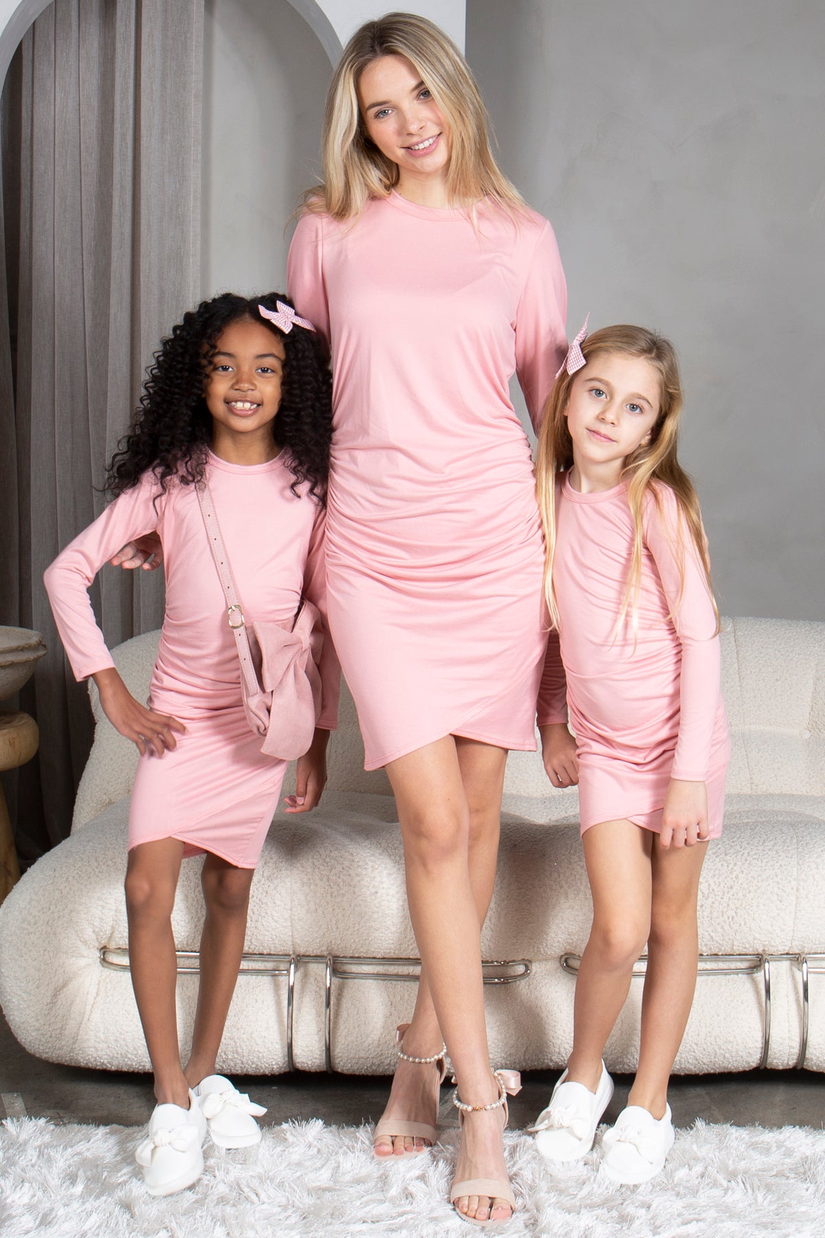 Mommy and Me Matching Dresses - Maternity Ruched Stretch Tulip Hem Shirred Dress Cute Outfit - Lifestyle - Blush