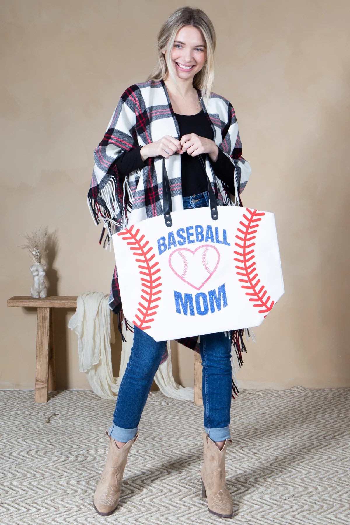 Mini Momo Sports Print Canvas Tote Game Day Bag - Oversized Handbag - Mom Large Shopper - Lifestyle - Front - Baseball