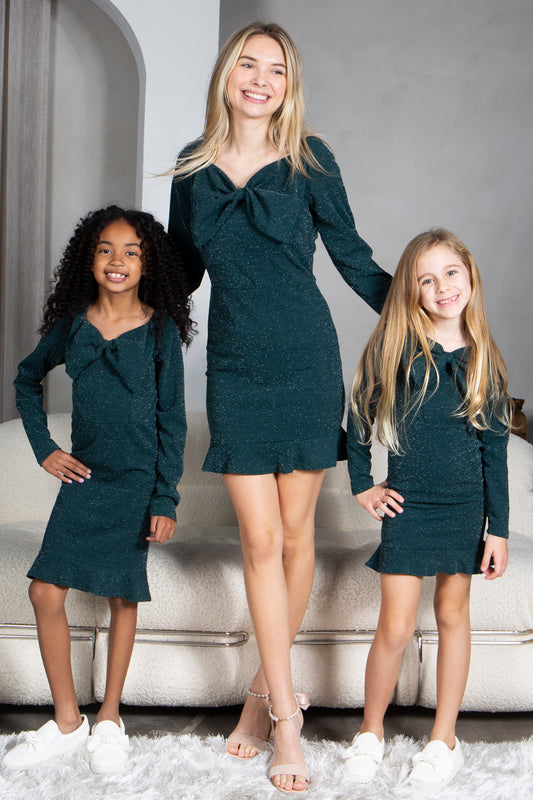 Mommy and Me Dresses - Family Matching Outfits Soft Jersey Pocket Wrap Dress - Lifestyle - Metallic Hunter Green